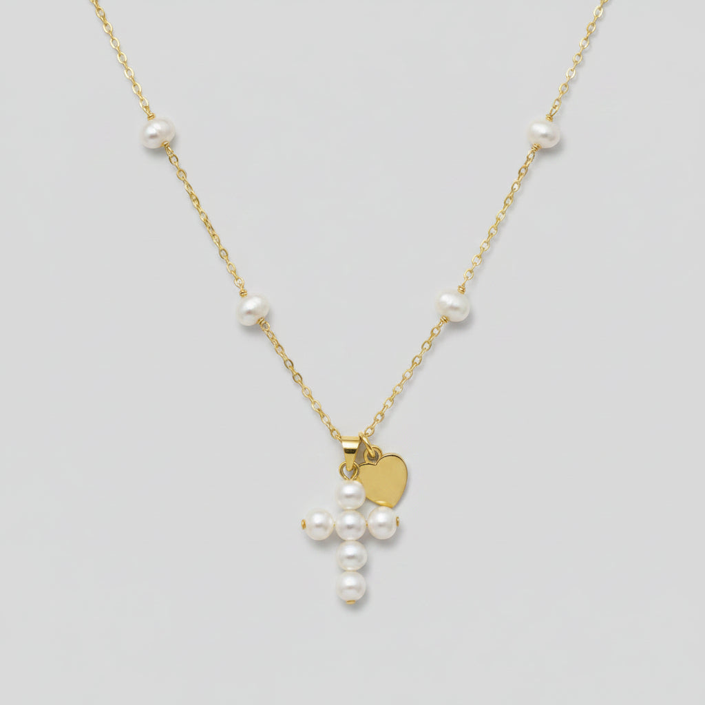 Cadena cruz perlas tejida