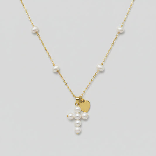 Cadena cruz perlas tejida